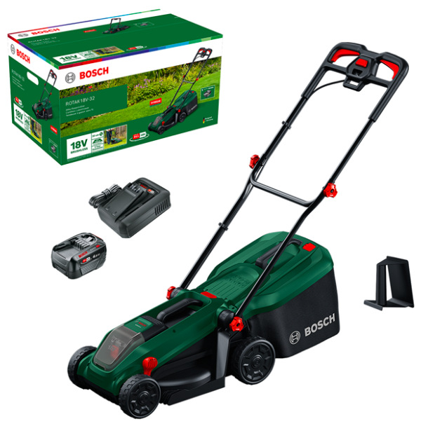 Kosačka Bosch ROTAK 18V-32 s batériou akumulátorová rotačná kosačka s nabíjačkou a príslušenstvom