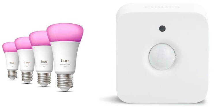 Inteligentná žiarovka Philips Hue Bluetooth, E27, 810 lm, White and Color Ambiance (4 ks) + Senzor Philips Hue pohybový 4 chytré žiarovky a pohybový senzor Philip Hue.