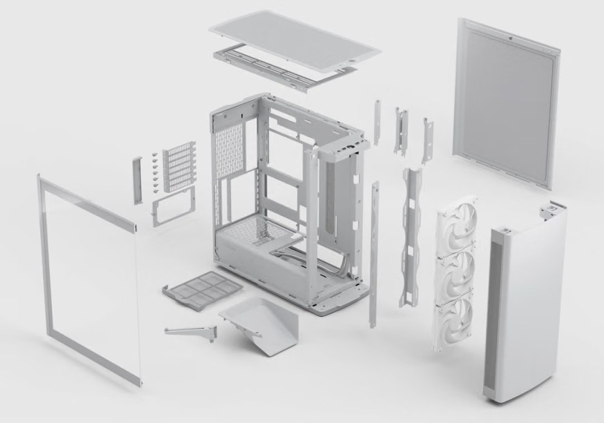 Case FRACTAL DESIGN Define One Light TG Clear Tint biela Rozložená konštrukcia skrine FRACTAL DESIGN Define One Light TG Clear Tint s tvrdeným sklom, panelmi, ventilátormi a držiakmi
