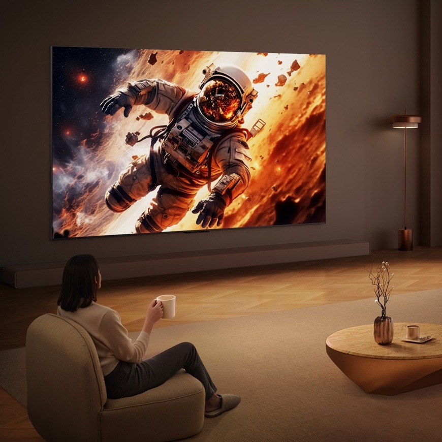 Televízor TCL 75C8L Televízia TCL 75C8L v modernej obývacej izbe s veľkou uhlopriečkou zobrazuje dynamickú akčnú scénu s astronautom, ktorá vyniká vysokým kontrastom a živými farbami vďaka Mini LED technológii.