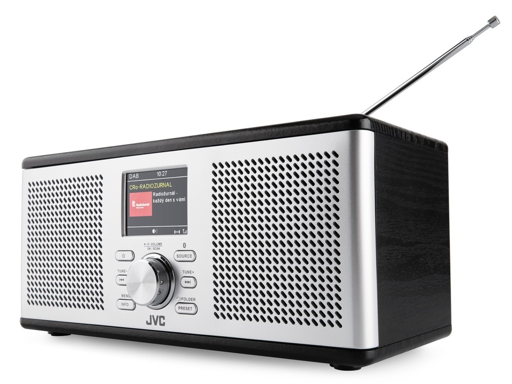 Stereo rádio JVC RA-E775B-DAB s prehľadným LCD displejom, ovládacími tlačidlami a plne vysunutou teleskopickou anténou pre kvalitný DAB+ príjem