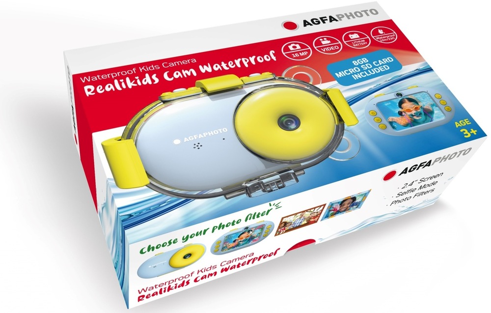Balenie vodeodolného fotoaparátu AgfaPhoto Realikids Cam Waterproof so SD kartou v príslušenstve.