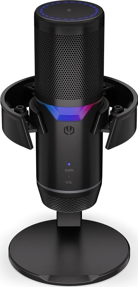 Mikrofón ENDORFY Solum 2 Pro čierny Čelný pohľad na mikrofón ENDORFY Solum 2 Pro s RGB podsvietením, indikátormi GAIN a VOL a stolnou základňou.