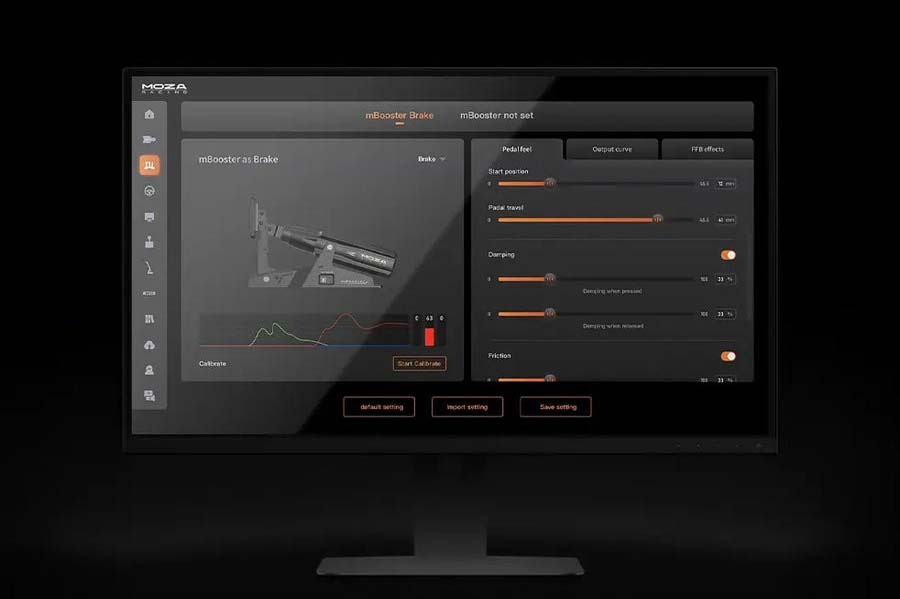 Pedále Moza Racing mBooster (PC) hliník Záber na užívateľské rozhranie programu Moza Pit House.
