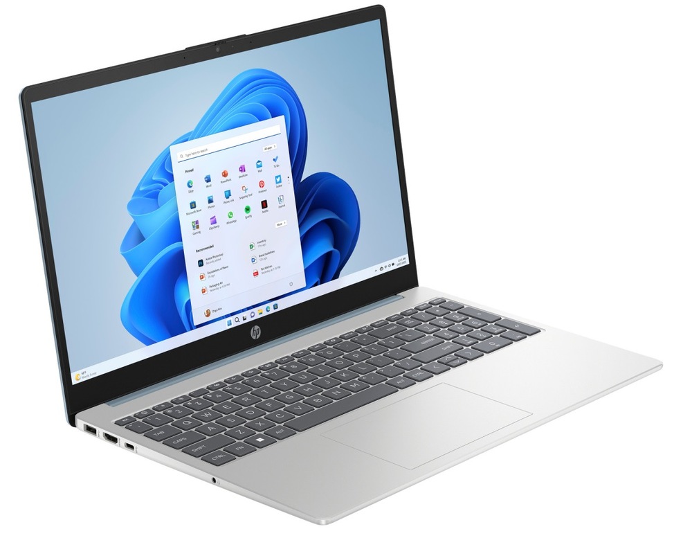 Notebook HP 15-fd1600nc zapnutý a otočený doprava