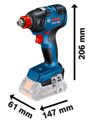 Rázový uťahovač Bosch Professional GDX 18V-200 s vyznačenými rozmermi 206 × 147 × 61 mm