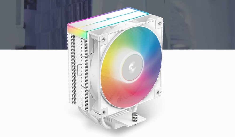 Chladič CPU DeepCool AG400 ARGB V2 White biely Biely počítačový chladič s dúhovým LED svetelným displejom s farebnými svetlami prechádzajúcimi cez kruhové lopatky, ktoré evokujú moderný a žiarivý estetický dojem.