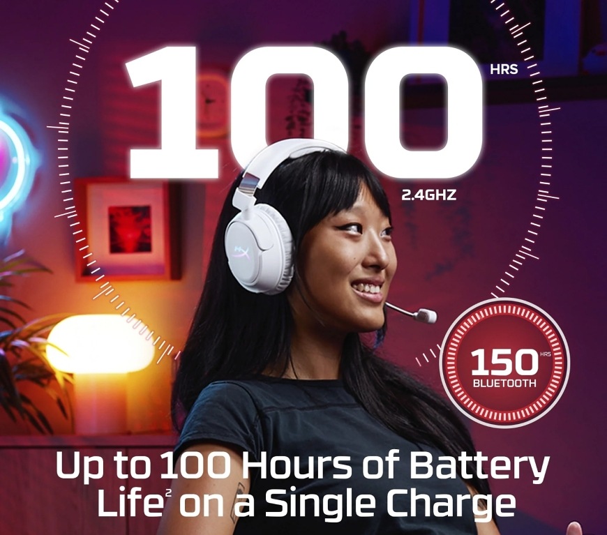 Headset HyperX Cloud Flight 2 Wireless biely Výdrž batérie až 100 alebo 150 hodín na jedno nabitie