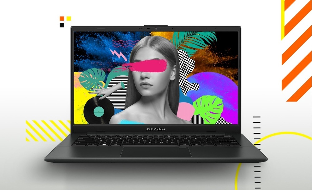 Notebook ASUS Vivobook Go 14 s otvoreným displejom a farebnou grafikou na obrazovke