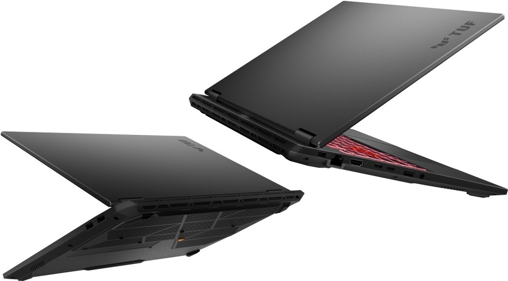 Pohľad na čiastočne otvorený notebook TUF Gaming A16 sprava a zľava