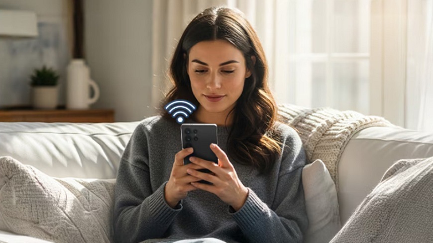 Umývačka riadu Samsung DW80H73WBB0U1 žena ovláda umývačku cez wi-fi pomocou telefónu