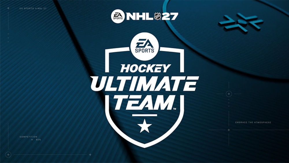Logo Hockey Ultimate Teamu (HUT) od EA Sports NHL 27 na tmavo modrom textúrovanom pozadí, na ktorom je biely štít, hokejový puk a hviezda.