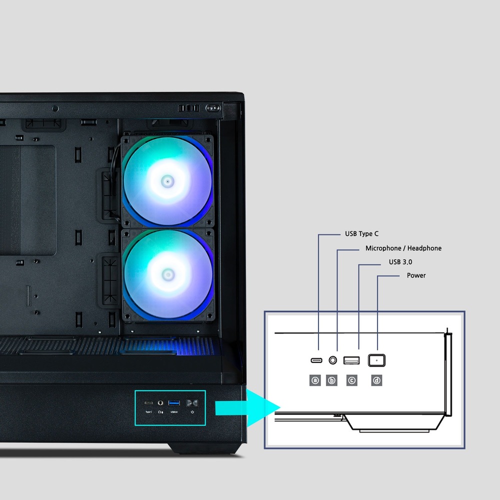 Čierna počítačová skriňa s dvoma modro podsvietenými chladiacimi ventilátormi. Diagram znázorňuje porty na prednom paneli: USB typu C, mikrofón/slúchadlá, USB 3.0 a napájanie.