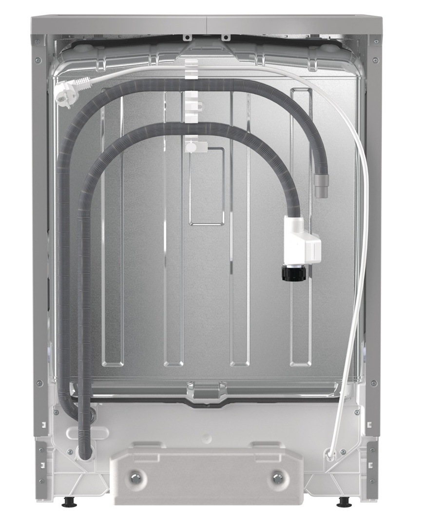 Na obrázku je zadná strana umývačky EWW2117366. Fotka sa zameriava na bezpečnostný systém Total AquaStop, ktorý bráni nechcenému vykúreniu v prípade poruchy.