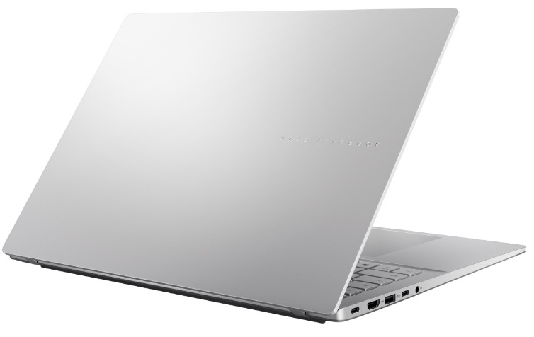 Zadná strana ASUS Vivobook S16 s matne šedým vekom a bočnými konektormi