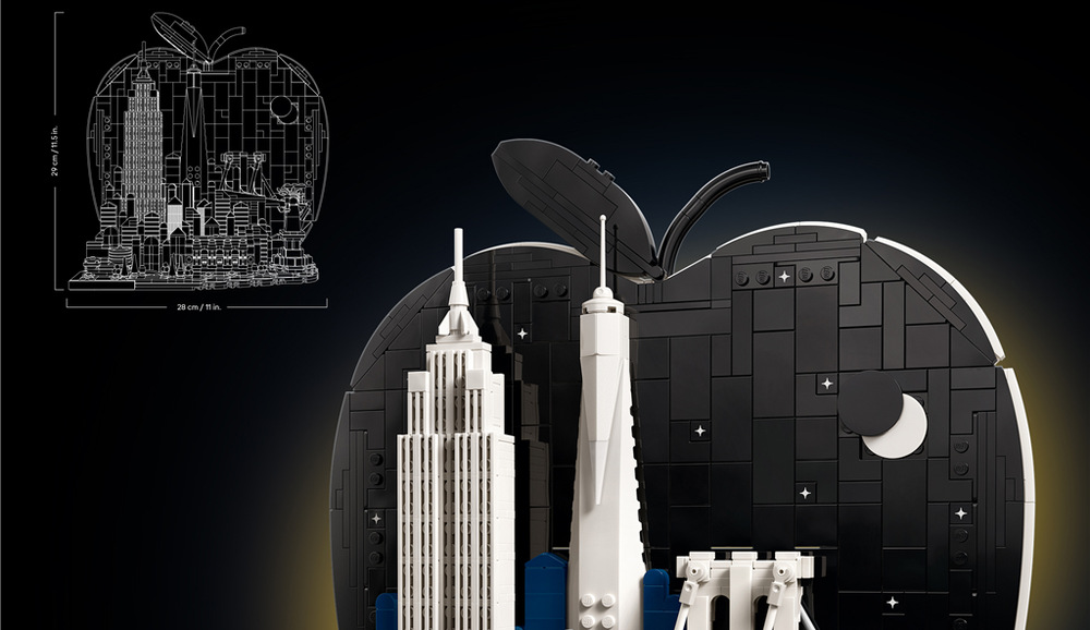 Stavebnica LEGO® Architecture 21066 New York – Velké jablko Čierne pozadie v tvare jablka kontrastuje s bielymi pamiatkami a vytvára elegantnú mestskú dekoráciu.