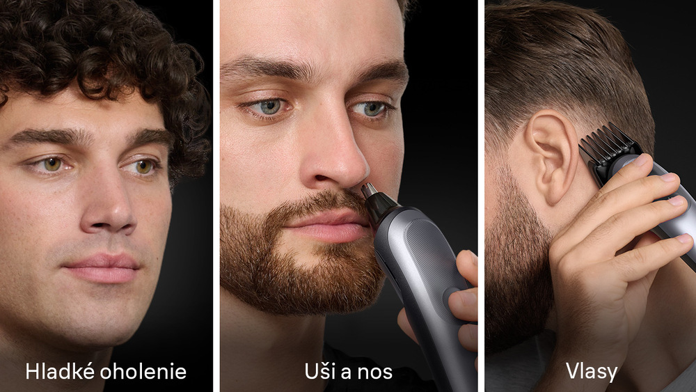Zastrihávač multifunkčný Braun Series 9 AIO9500 sivý Obrázok je rozdelený na tri časti, v každej časti sa nachádza tvár muža - jeden je hladko oholený, druhý využíva príslušenstvo na úpravu chĺpkov v nose a ušiach a tretí si strihá vlasy.
