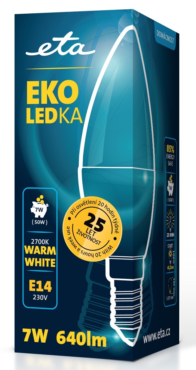 LED žiarovka ETA EKO LEDka sviečka 7W, E14, teplá biela Balenie LED žiarovky ETA EKO LEDka zobrazené z boku, zvýrazňujúce kľúčové ikony: 7W, 640 lm, 2700K teplá biela, pätica E14 a informácie o úspore energie a životnosti.