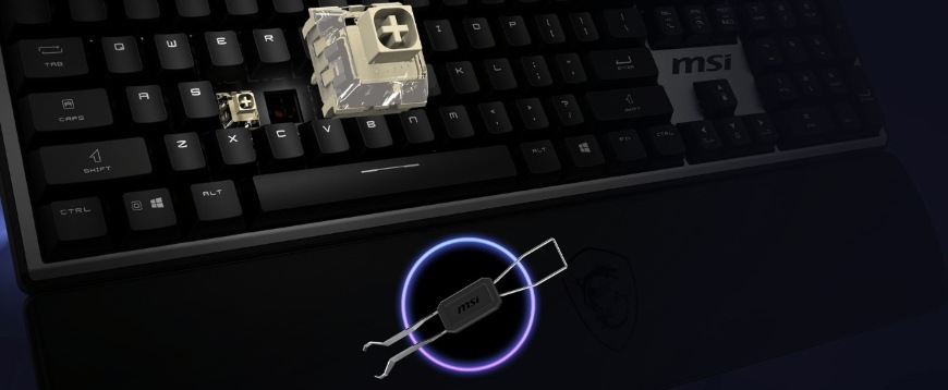 Klávesnica MSI Strike Pro Wireless Silent, CZ layout čierna Detail ľahko vyberacích tlačidiel na MSI Strike Pro Wireless Silent