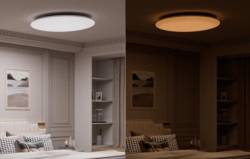 LED stropné svietidlo Yeelight Inteligentný Arwen 600D biele Detail obrázkov s vizualizáciou s rozdielom nastavenia svetla na studené a teplé osvetlenie.