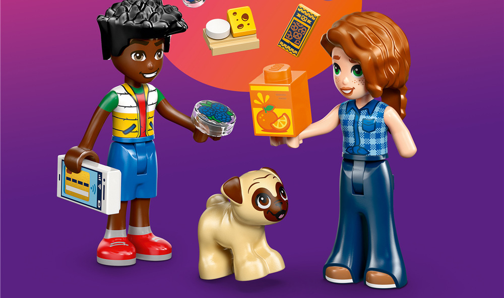 Stavebnica LEGO® Friends 42680 Samoobsluha v městečku Heartlake Autumn, Zac a psík dávajú deťom priestor na vymýšľanie príbehov o nakupovaní, priateľstve a spoločných zážitkoch.