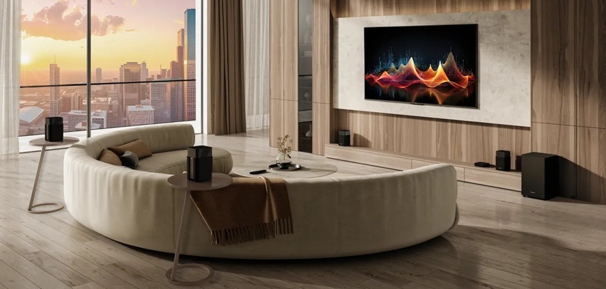 Soundbar Hisense HT Saturn čierny Soundbar Hisense HT SATURN v modernej obývacej izbe