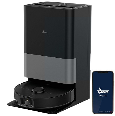 Robotický vysávač Hoover HG870HU 011 v stanici a mobil s aplikáciou