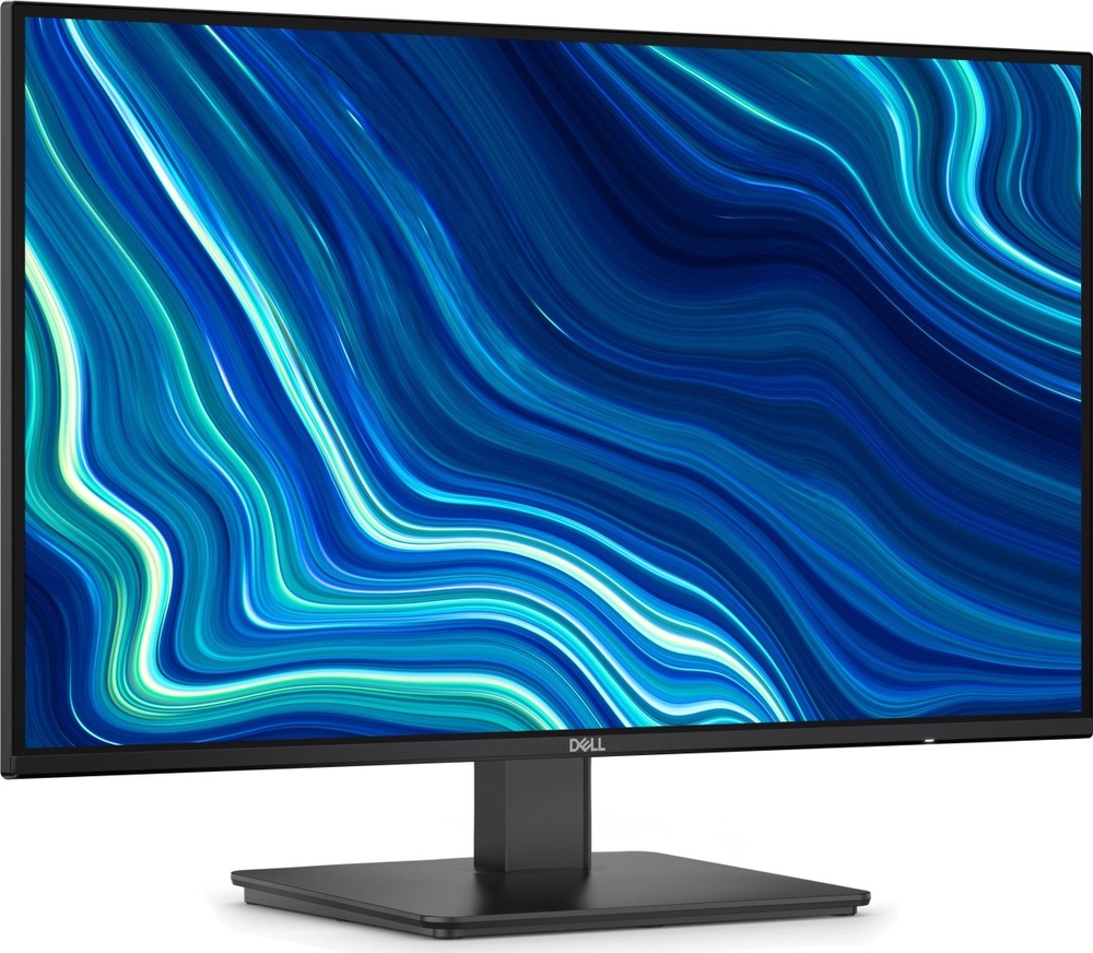 Monitor Dell zo šikmého pohľadu spredu v čiernom prevedení, s tenkými rámčekmi a centrálnym stojanom.