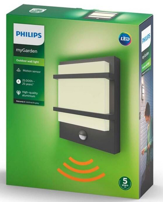 Nástenné svietidlo Philips Petronia, LED, teplá biela, senzor pohybu - antracitové Nástenné svietidlo Philips Petronia, LED, teplá biela, senzor pohybu - antracitové