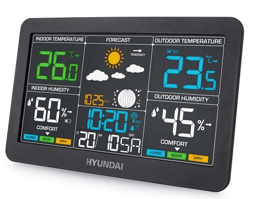 Meteostanica Hyundai WS 4480 ukazujúca namerané hodnoty, natočená z boku