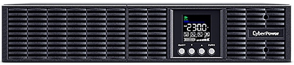 Na obrázku je predný panel rackového UPS CyberPower v čiernom 2U prevedení. Väčšinu plochy zaberá ventilačná mriežka, uprostred je malý LCD displej s hodnotou 230,0 a pod ním štyri okrúhle ovládacie tlačidlá. Vpravo je logo CyberPower a celé zariadenie pôsobí profesionálne a robustne.