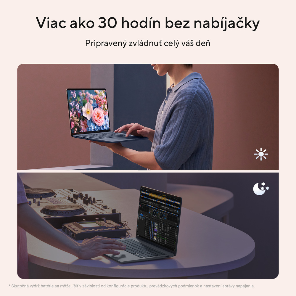 ASUS Zenbook 14 bez nabíjačky a muž na ňom pracuje