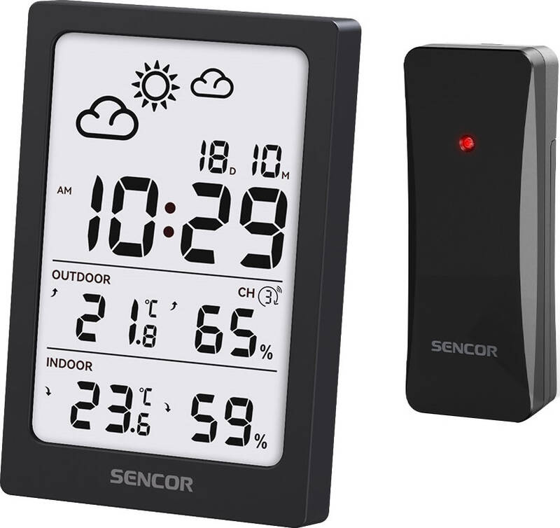 Detailný pohľad z boku na čiernu meteostanicu Sencor s vyklopeným stojanom.