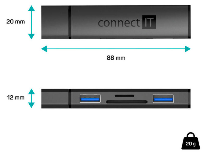Čítačka pamäťových kariet Connect IT COMPACT 4v1 USB-A hub + čítačka kariet, USB-A/ 2x USB-A 3.0, 1x SD, 1x MicroSD antracitová farba USB Hub Connect IT COMPACT 4v1 USB-A hub + čítačka kariet, USB-A/ 2x USB-A 3.0, 1x SD, 1x MicroSD - antracitová