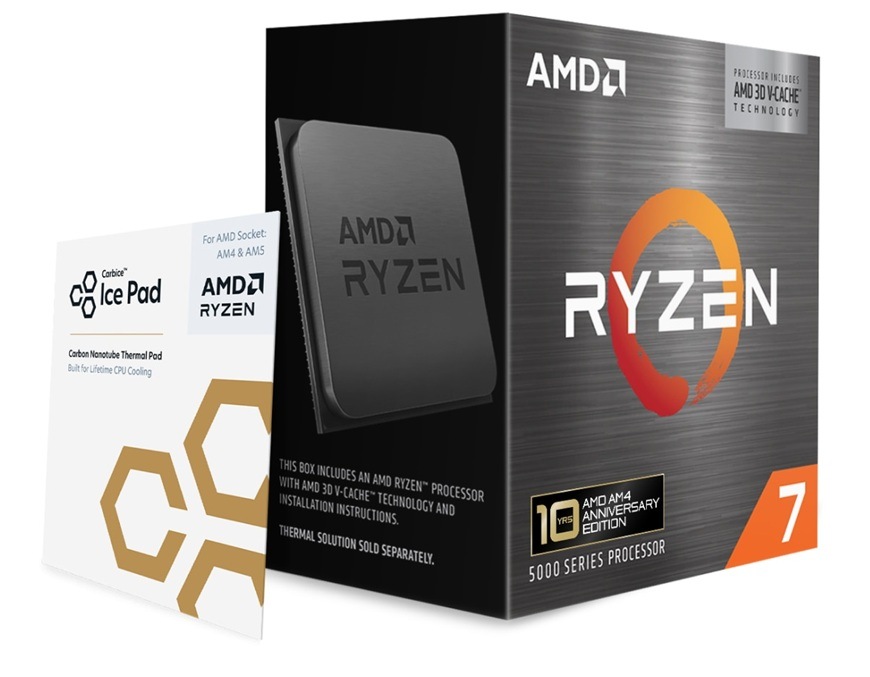 Procesor AMD Ryzen 7 5800X3D Anniversary Edition Balenie procesora AMD Ryzen 7 5800X3D 10th Anniversary Edition s teplovodivou podložkou Carbice Ice Pad.