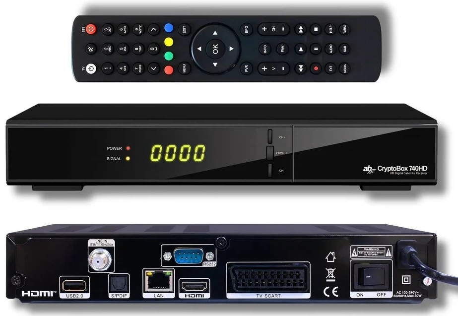Satelitný prijímač AB Cryptobox 740HD čierny Pohľad na satelitný prijímač AB Cryptobox 740HD spredu, zozadu a nechýba ani diaľkové ovládanie.