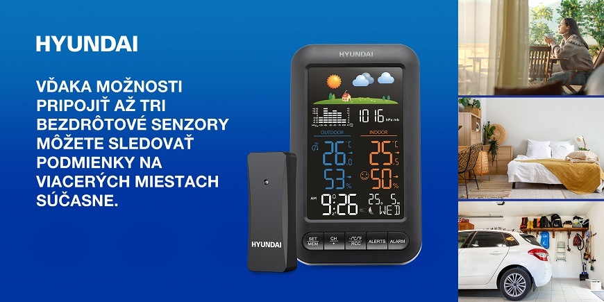 Čierna meteostanica Hyundai WS 5110 so snímačom zobrazujúca informácie o počasí