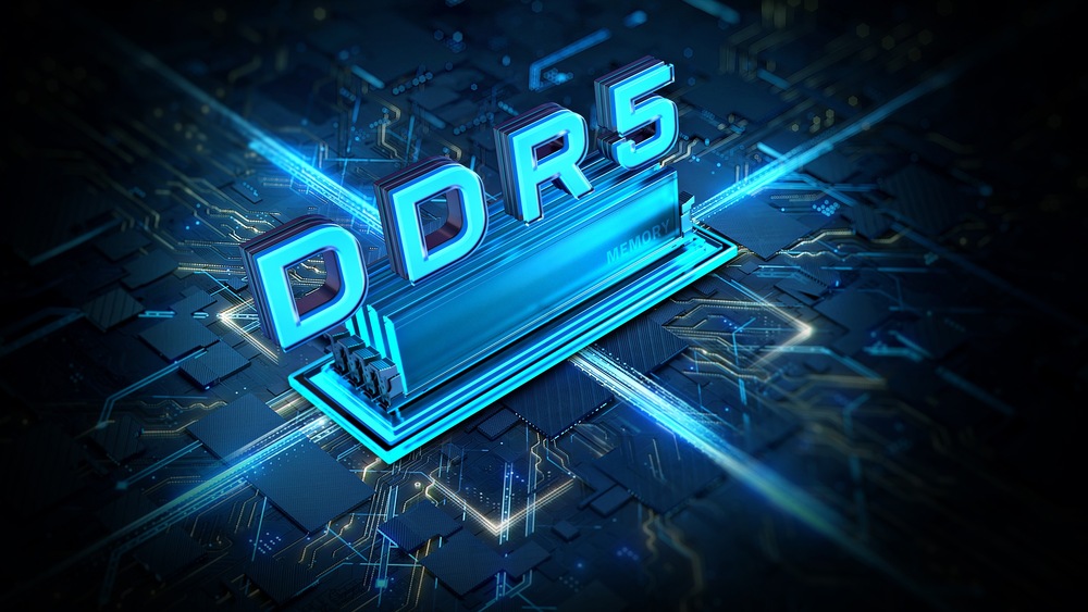 Základná doska GIGABYTE TRX50 AERO D Futuristický obrázok s textom „DDR5“ žiariacim modro na tmavom pozadí podobnom obvode, vyjadrujúcim pocit pokročilej technológie a rýchlosti.