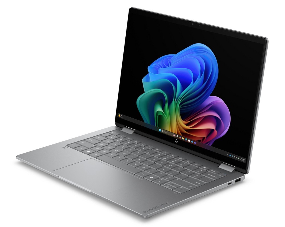 Notebook HP OmniBook X Flip AI 14-kb0000ncx + Game Pass predplatné na 2 mesiace sivý Otvorený a zapnutý notebook HP OmniBook X Flip AI otočený doľava