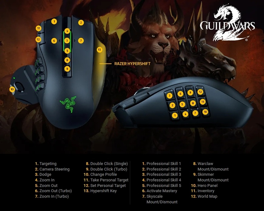 Priradenie funkcií tlačidlám myši Razer Naga V3 Pro v hre Guild Wars 2″ width=