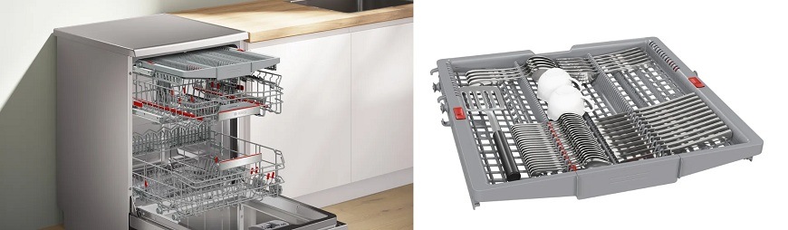 Otvorená umývačka Bosch, koše Max Flex Pro a príborová zásuvka