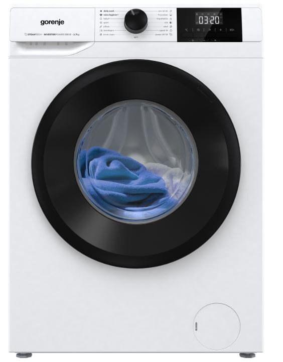 Práčka Gorenje G200 W3NGPI74A3S biela práčka Gorenje W3NGPI74A3S so zavretými dvierkami a modrým uterákom vo vnútri