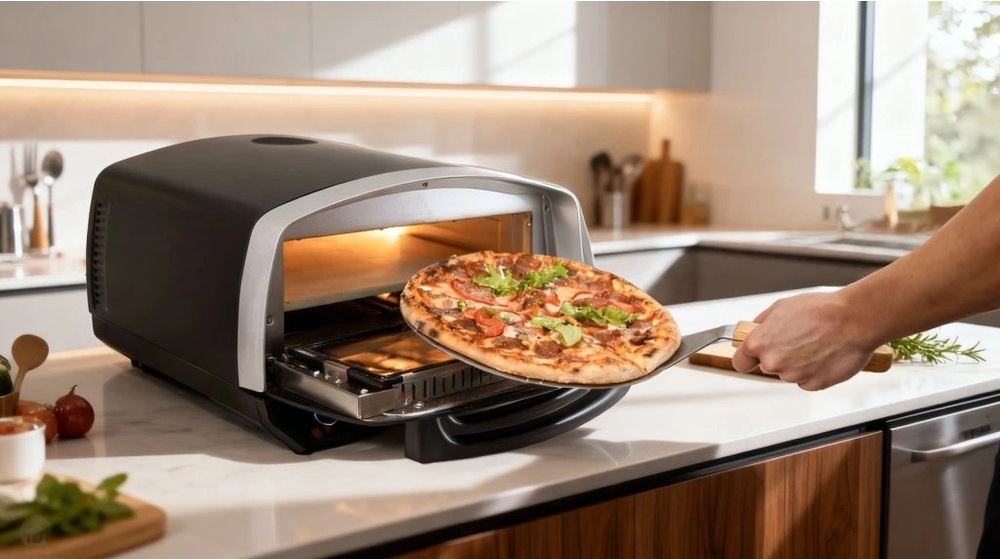 Pizza vybratá z pece pomocou lopatky.