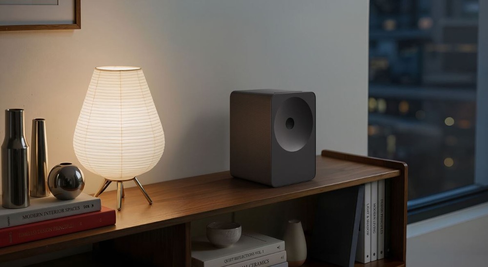 Reproduktor Samsung Music Studio 7 LS70H (1 ks) čierny Reproduktor Samsung HW-LS70H Studio 7 na drevenom stolíku vedľa rozsvietenej lampy. Okrem lampy sú ešte dekorácie. A vedľa stolíka je okno a tma.
