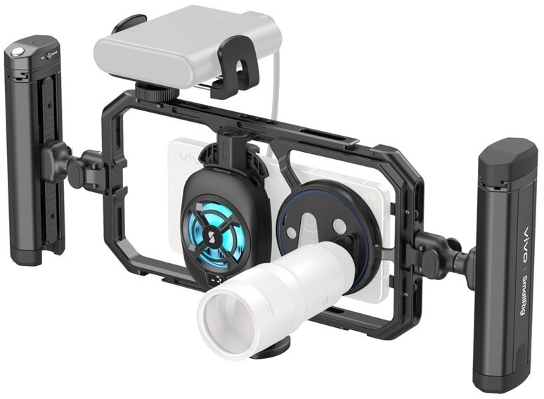Držiak na mobil s video sadou vivo SmallRing Video Kit v čiernom prevedení s dvojitou rukoväťou a nasadeným teleobjektívom