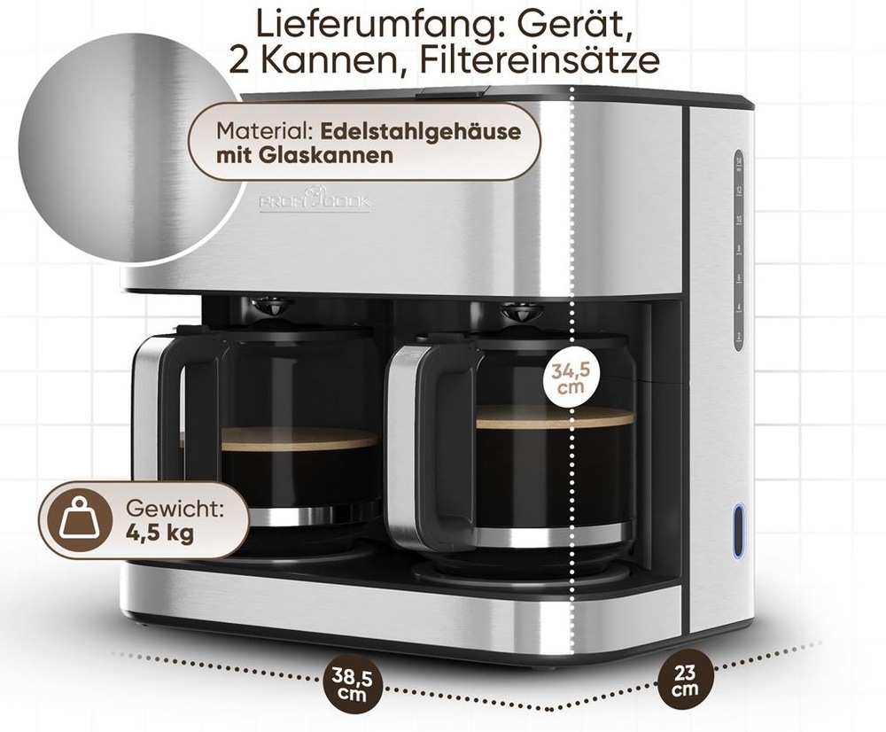 Kávovar Profi Cook KAD 1308 inox nerez Kávovar ProfiCook KAD 1308 INOX rozmery a príslušenstvo