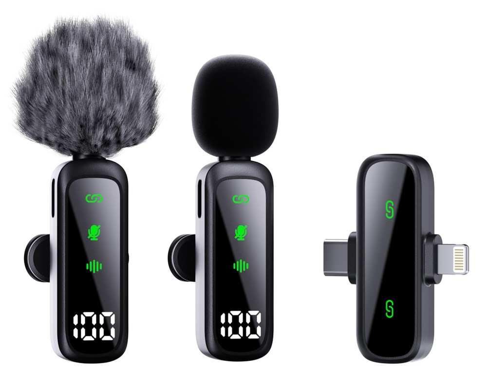 Mikrofón WG 2 in 1 Wireless Microphone PRO čierny Fotografie zobrazujúce použitie dvoch protihlukových nástavcov a prijímač