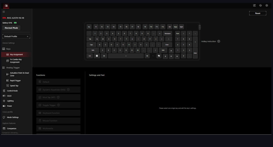 Klávesnica Asus ROG Azoth 96 HE CZ/SK čierna Asus ROG Azoth 96 HE – nastavenie parametrov v softvéri