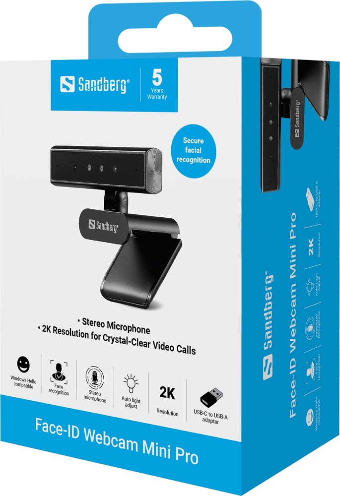 Webkamera Sandberg Face-ID Mini Pro 2K s Windows Hello čierna Škatule s webkamerou Sandberg Face-ID Mini Pro a príslušenstvom