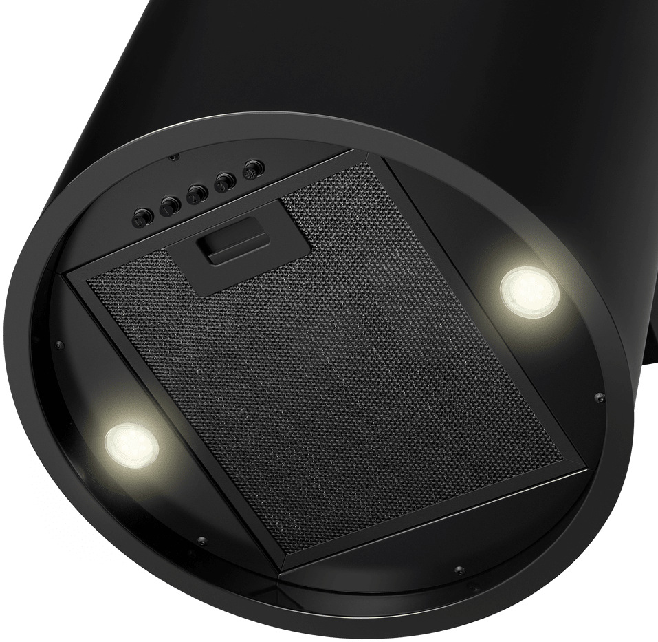 Odsavač par Guzzanti GZ 677B Mini Detail rozsvieteného LED osvetlenia a filtra na spodnej strane valcového digestora.
